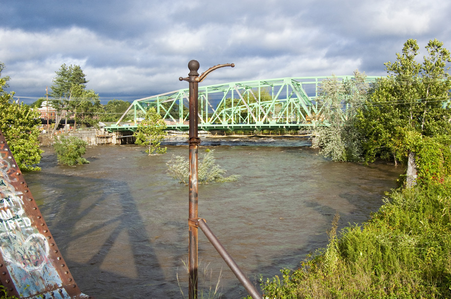 Rushing river and bridges.