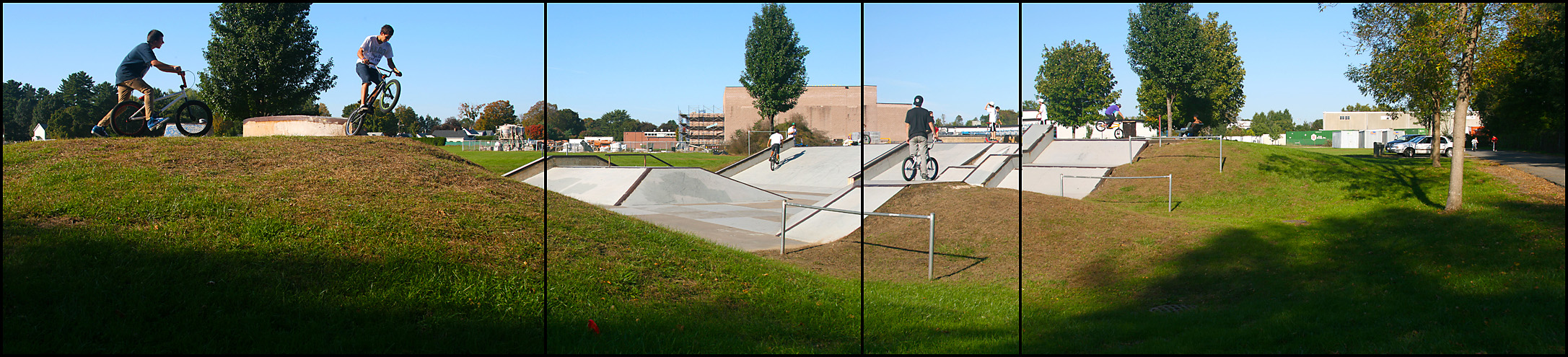 Teenagers bike on ramps. 